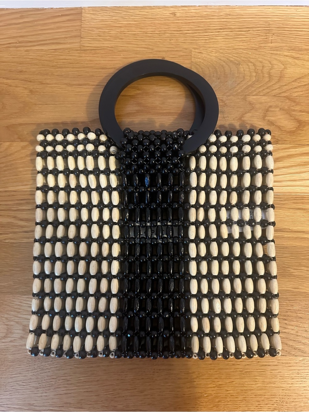 l*space Black and Cream Beaded Clutch with Round Handle